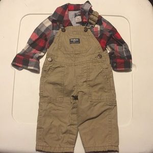 OshKosh B’gosh overalls with flannel onesie